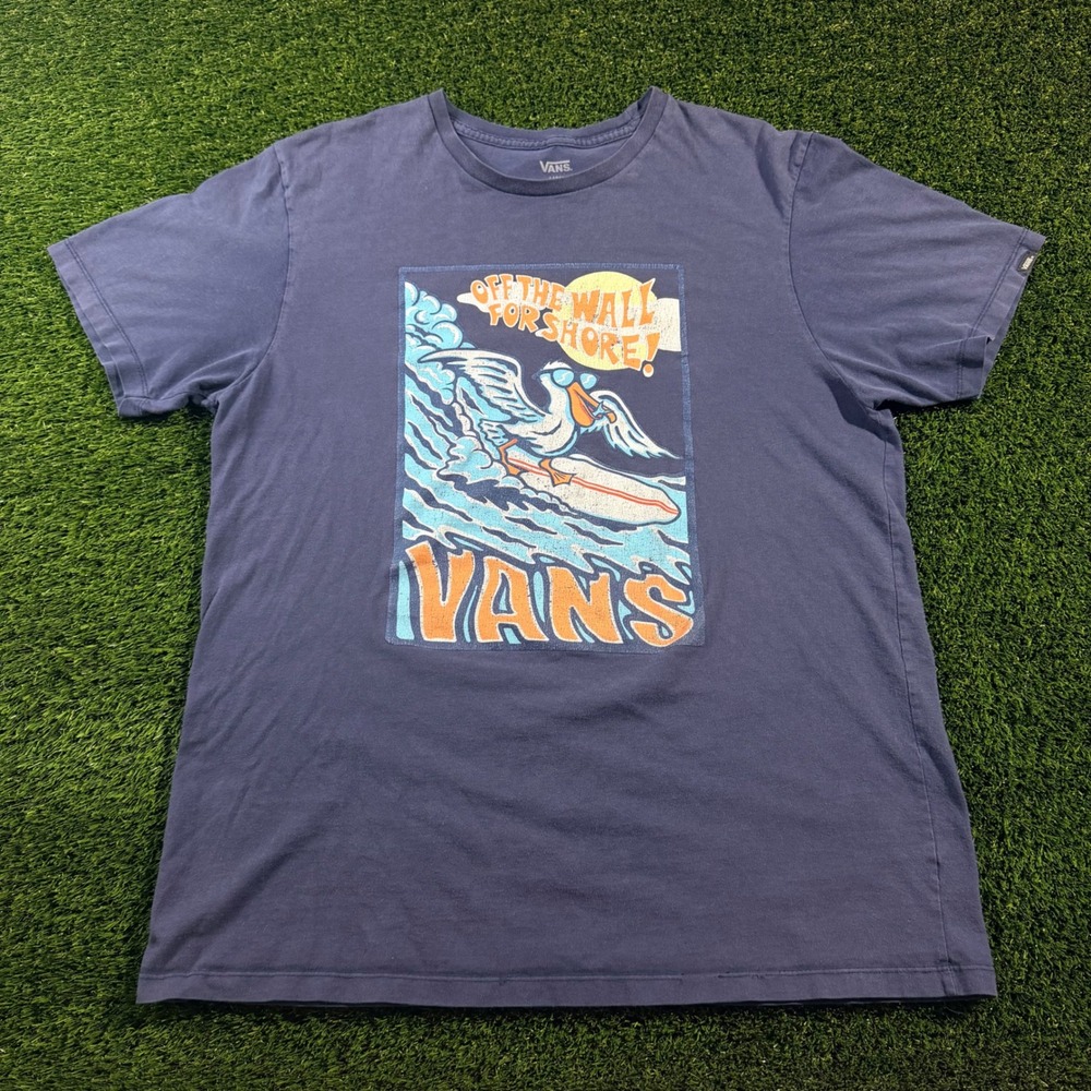 Vans Mens Large Blue Pelican Surfing Graphic T-Shirt Off The Wall For Shore
